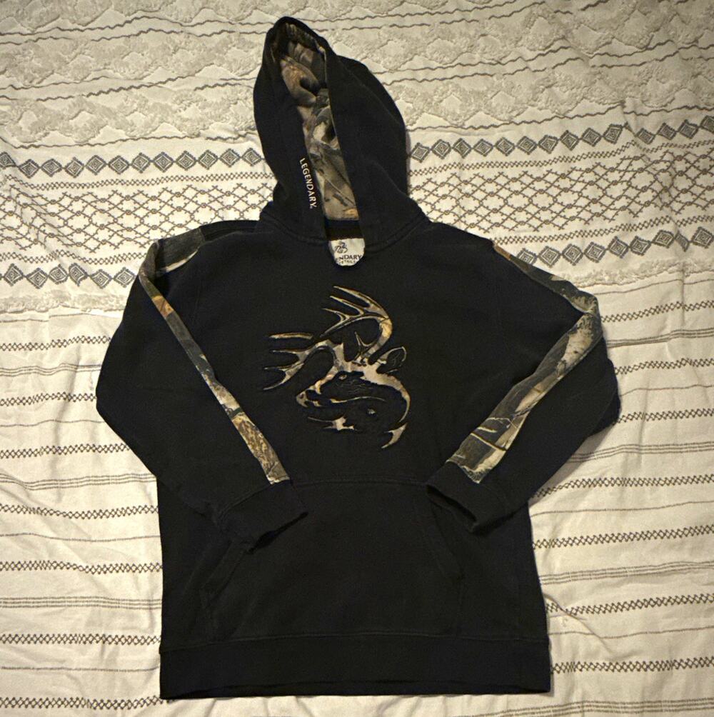 Legendary Whitetails Boys M Black Hoodie Camo Trim Deer Logo Cotton Blend